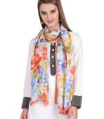 Orange & Multicolour Modal Printed Floral Frayed Scarf