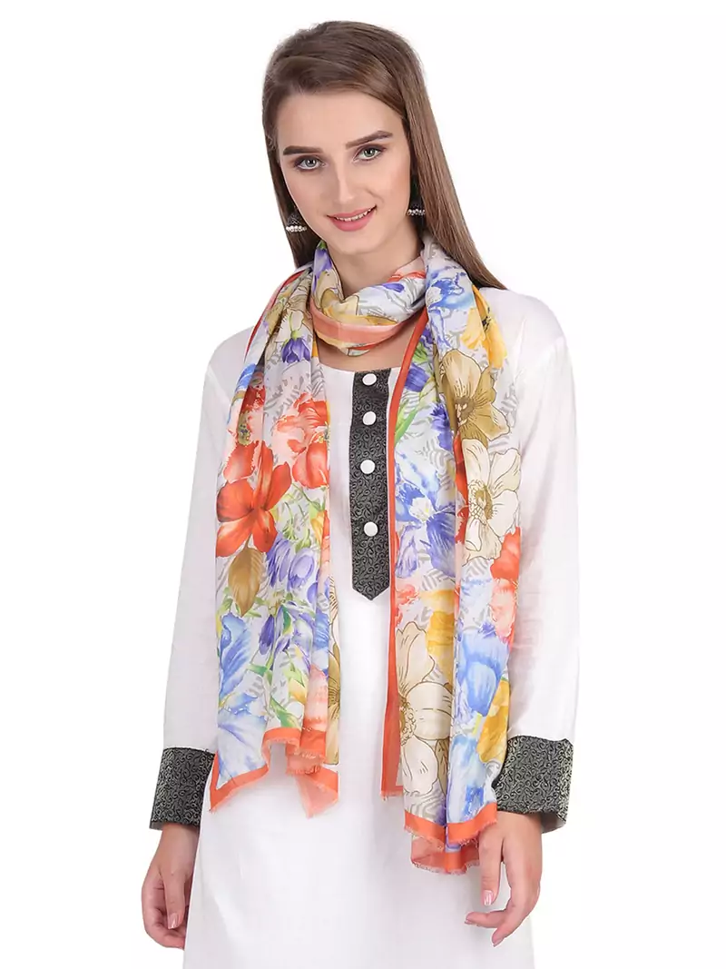 Anekaant Orange & Multicolour Modal Printed Floral Frayed Scarf