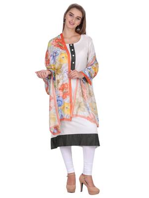 Orange & Multicolour Modal Printed Floral Frayed Scarf 2