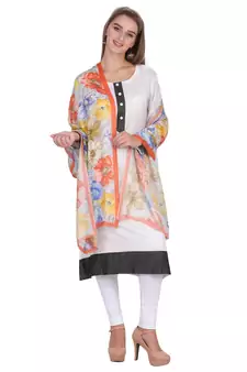 Orange & Multicolour Modal Printed Floral Frayed Scarf