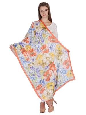 Orange & Multicolour Modal Printed Floral Frayed Scarf 3