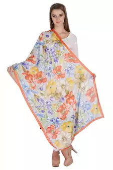 Orange & Multicolour Modal Printed Floral Frayed Scarf