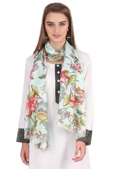 Anekaant Mint Green & Multicolour Modal Printed Floral Frayed Scarf