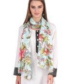 Anekaant Mint Green & Multicolour Modal Printed Floral Frayed Scarf