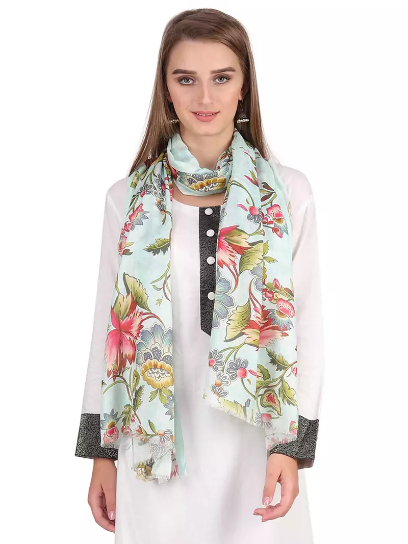 Anekaant Mint Green & Multicolour Modal Printed Floral Frayed Scarf