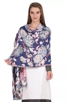 Anekaant navy blue & Multicolour Viscose Cotton Floral Woven Design Shawl
