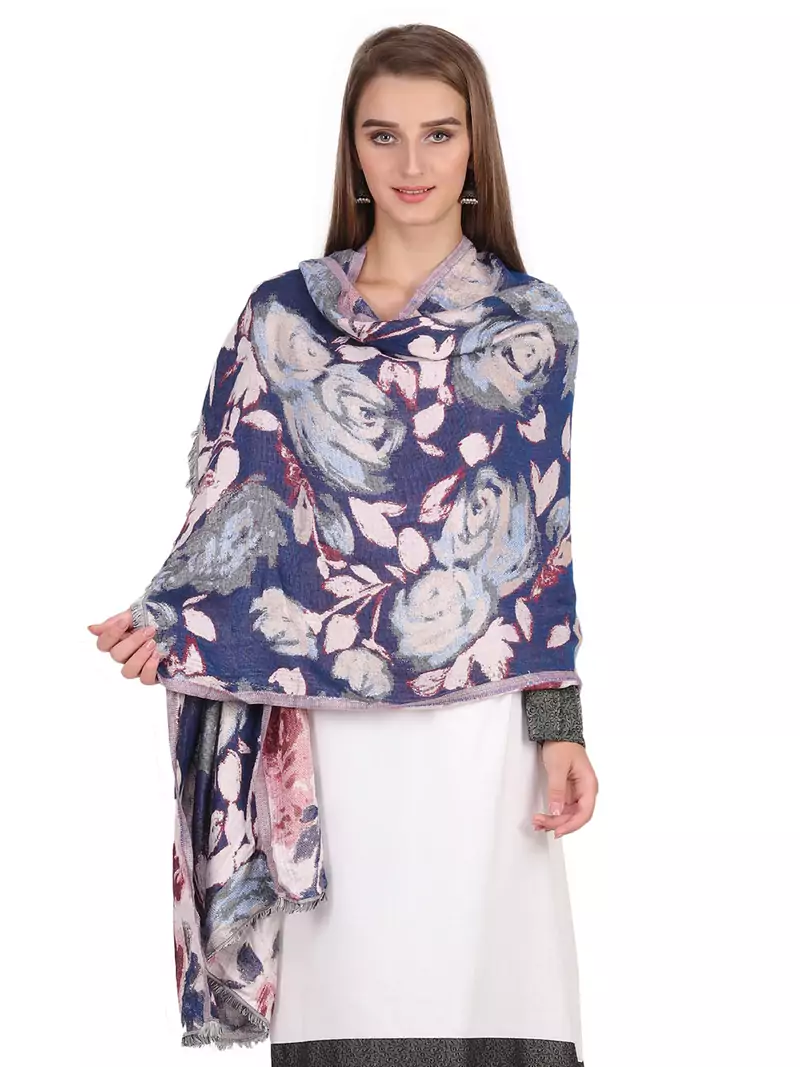 Anekaant navy blue & Multicolour Viscose Cotton Floral Woven Design Shawl