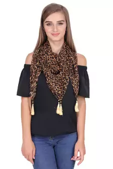 Anekaant Brown & Black Synthetic Polyester Animal Printed Tasselled Scarf.