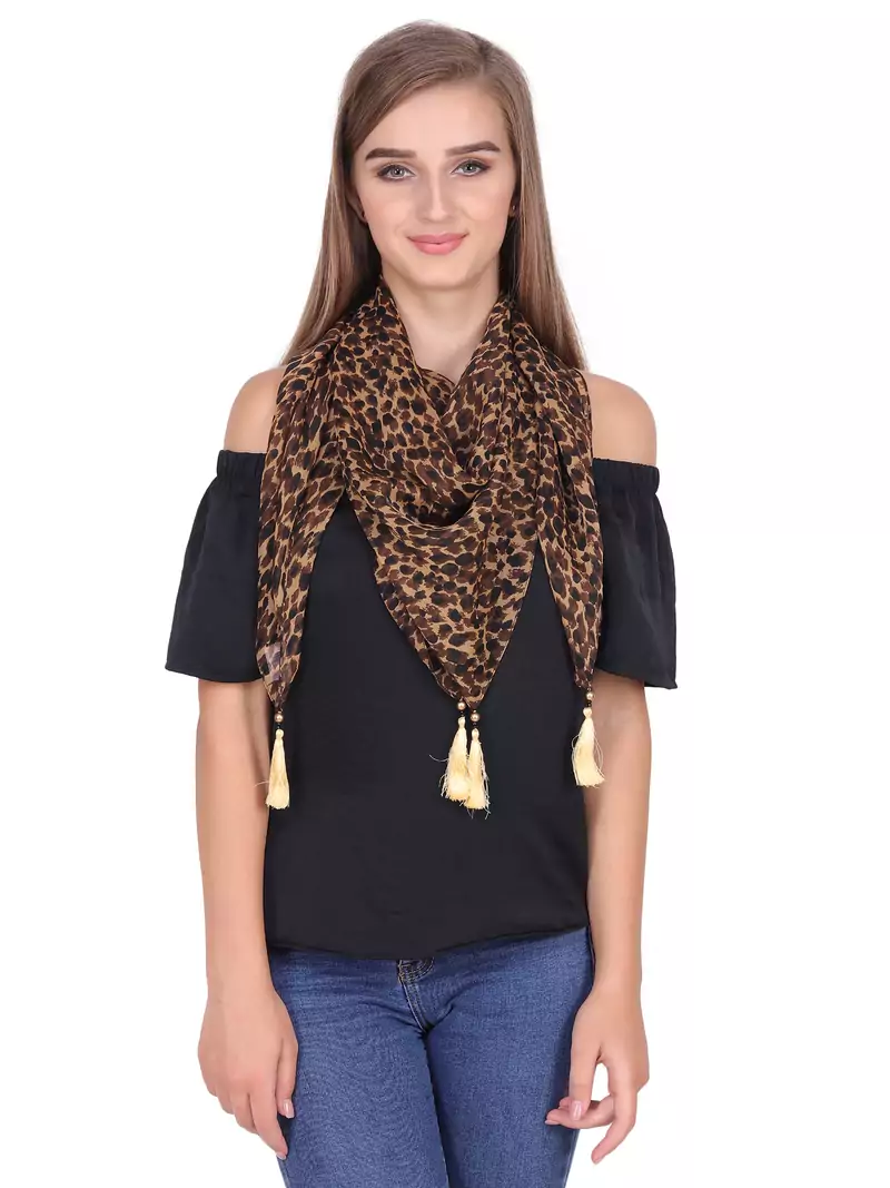 Anekaant Brown & Black Synthetic Polyester Animal Printed Tasselled Scarf.