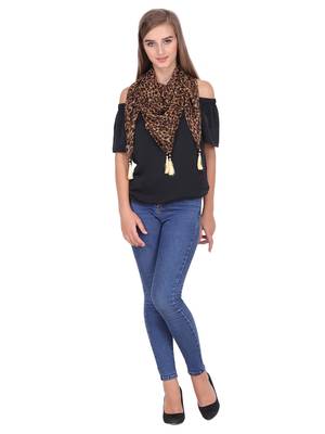 Anekaant Brown & Black Synthetic Polyester Animal Printed Tasselled Scarf. 2