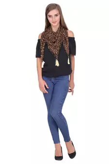 Anekaant Brown & Black Synthetic Polyester Animal Printed Tasselled Scarf.