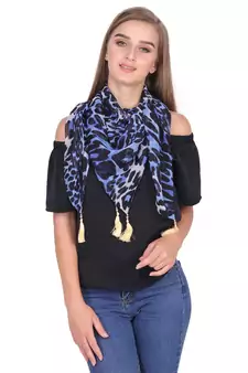 Anekaant Navy Blue & Black Synthetic Polyester Animal Printed Tasselled Scarf.