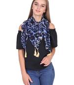 Anekaant Navy Blue & Black Synthetic Polyester Animal Printed Tasselled Scarf.