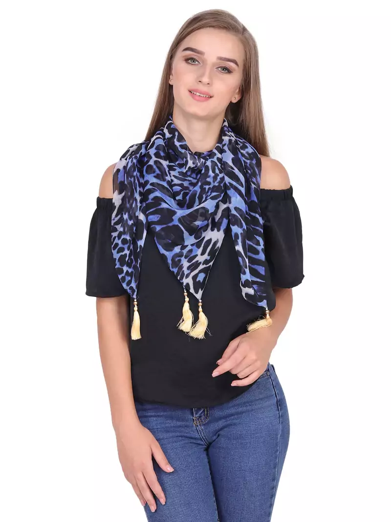 Anekaant Navy Blue & Black Synthetic Polyester Animal Printed Tasselled Scarf.