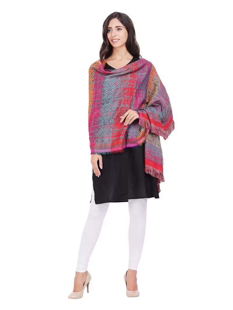 Anekaant Red & Grey Cotton Viscose Geometric Woven Design Shawl