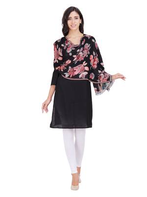 Anekaant Black Cotton Viscose Floral Woven Design Shawl 1