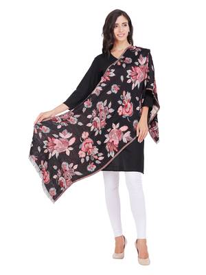 Anekaant Black Cotton Viscose Floral Woven Design Shawl 3