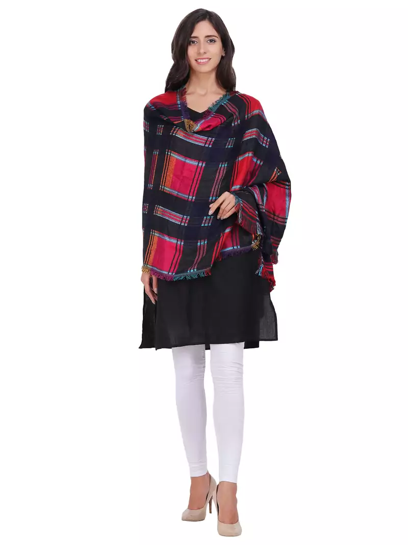 Anekaant Navy & Multicolour Viscose Cotton Checked Woven Design Shawl
