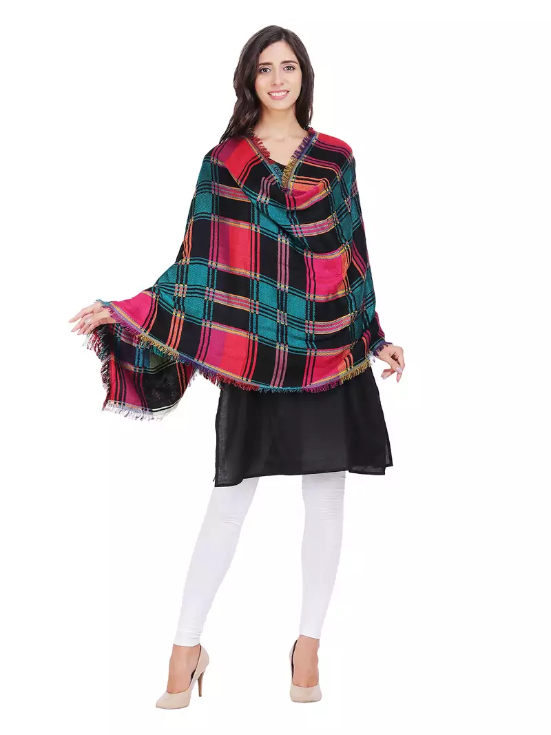 Anekaant Black & Multicolour Cotton Viscose Checked Woven Design Shawl