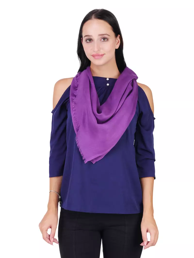 Anekaant Purple Viscose Rayon Solid Frayed Stole