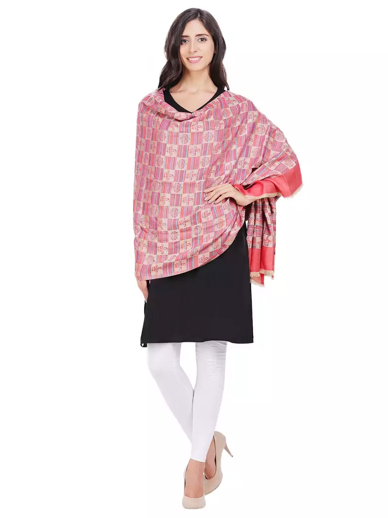 Anekaant Rust & Beige Modal Geometric Woven Design Shawl