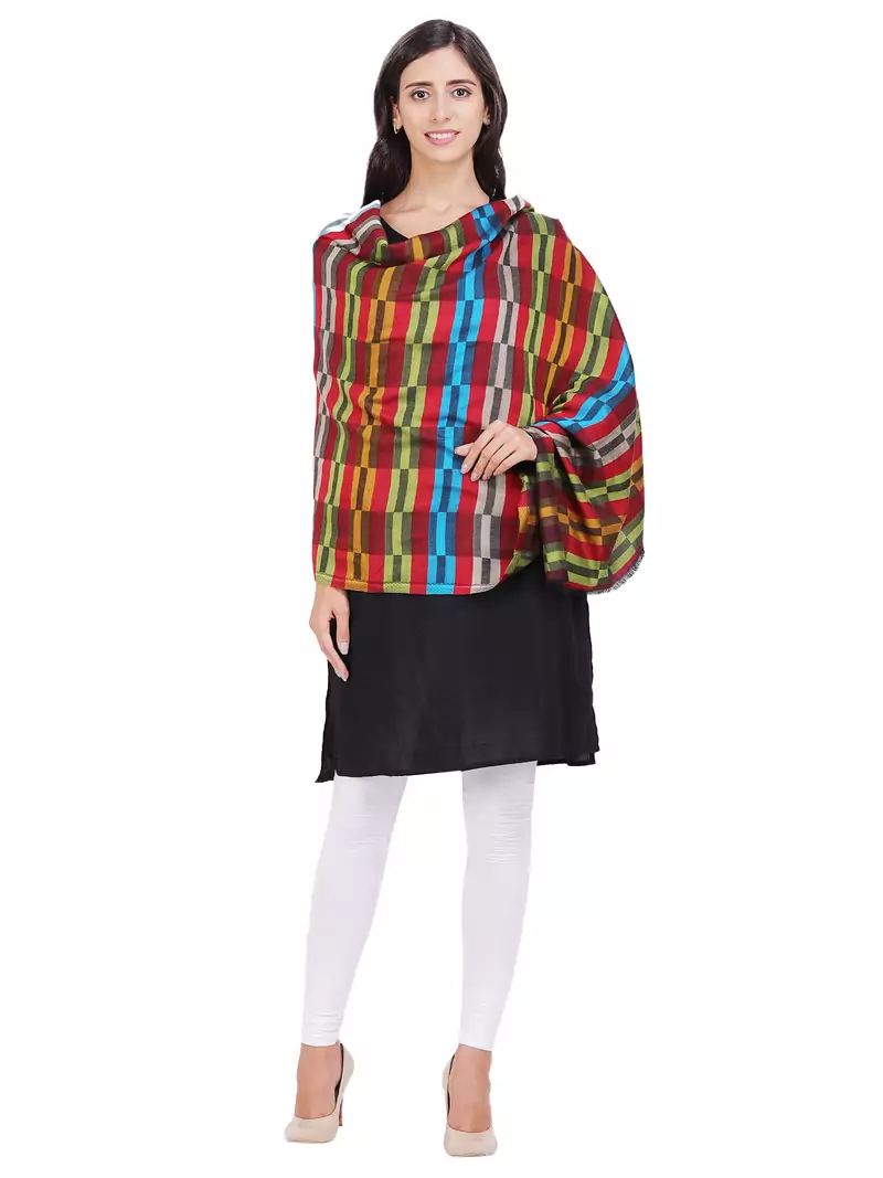 Anekaant Maroon & Multicolour Modal Geometric Woven Design Shawl