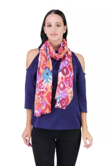 Anekaant Red & Multicolour Viscose Rayon Printed Geometric Frayed Scarf