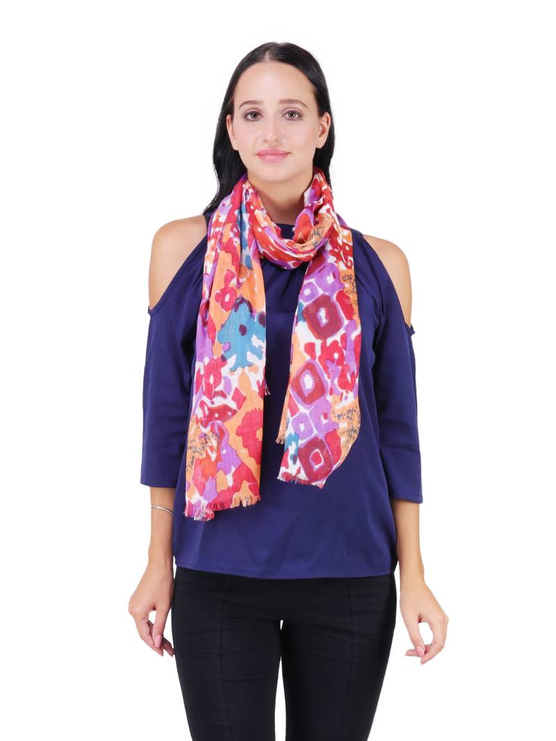 Anekaant Red & Multicolour Viscose Rayon Printed Geometric Frayed Scarf