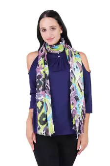 Anekaant Green & Multicolour Viscose Rayon Printed Geometric Frayed Scarf