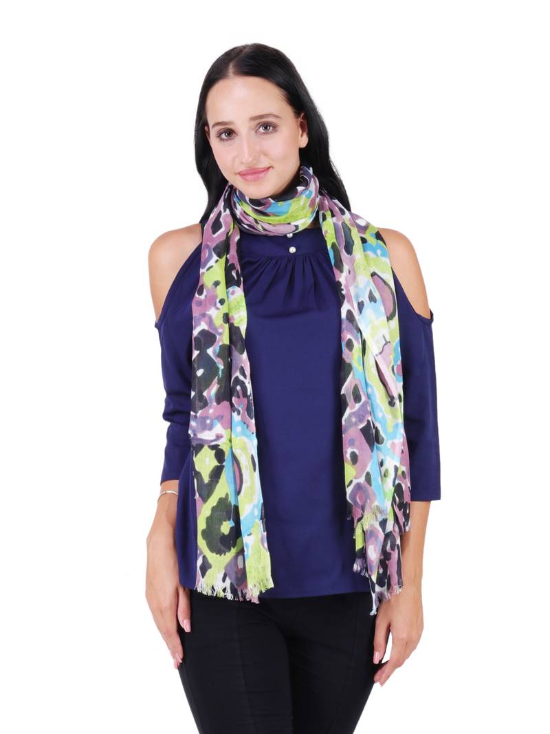 Anekaant Green & Multicolour Viscose Rayon Printed Geometric Frayed Scarf