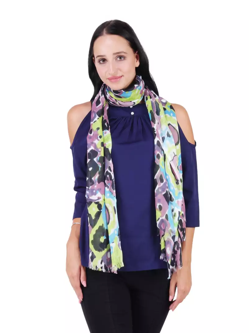 Anekaant Green & Multicolour Viscose Rayon Printed Geometric Frayed Scarf