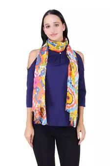 Anekaant Yellow & Multicolour Viscose Rayon Printed Geometric Frayed Scarf