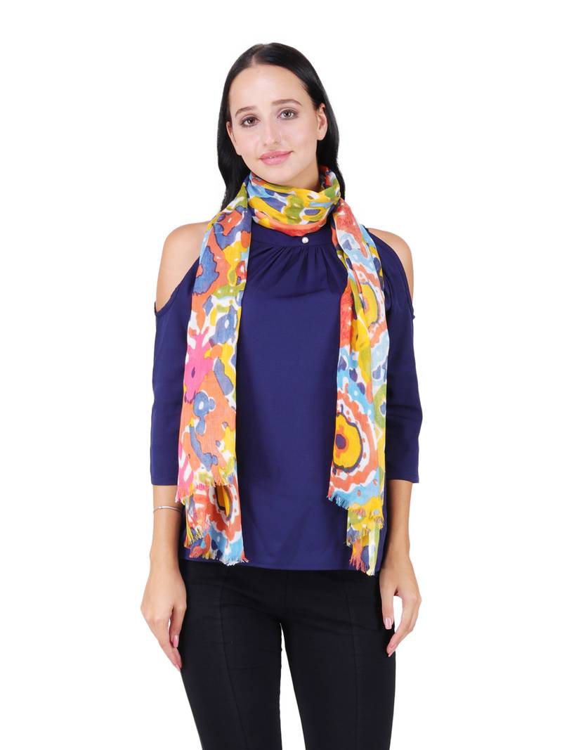 Anekaant Yellow & Multicolour Viscose Rayon Printed Geometric Frayed Scarf