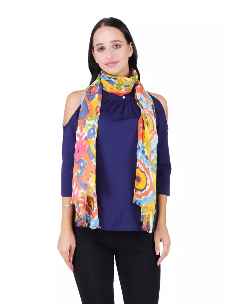 Anekaant Yellow & Multicolour Viscose Rayon Printed Geometric Frayed Scarf
