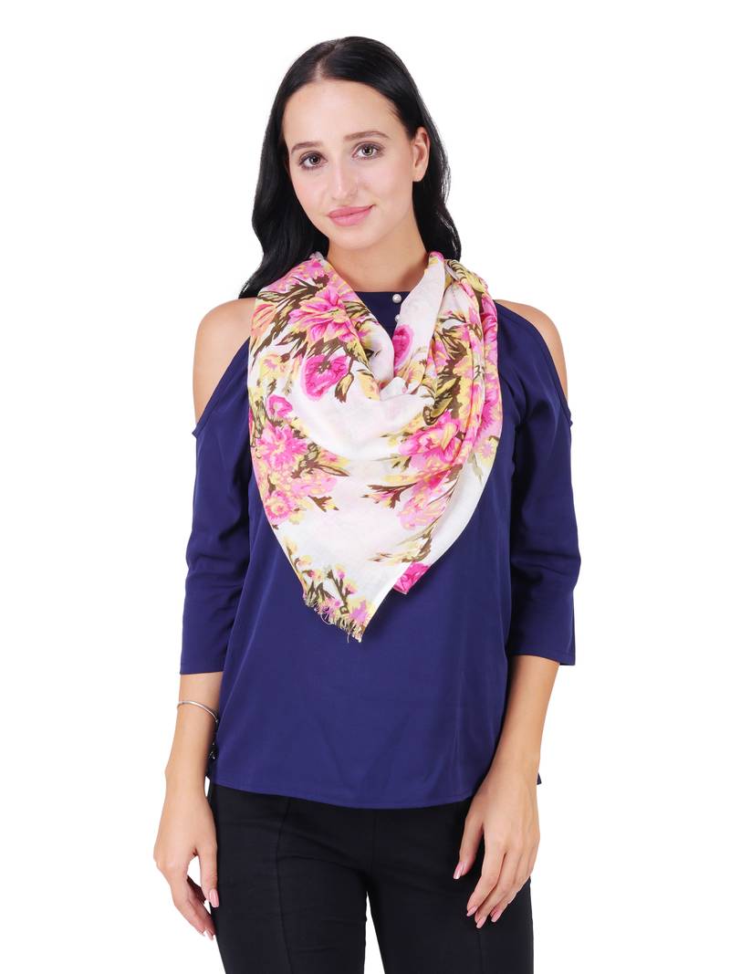 Anekaant Pink & Multicolour Viscose Rayon Printed Floral Frayed Scarf