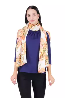 Anekaant Orange & Multicolour Viscose Rayon Printed Floral Frayed Scarf