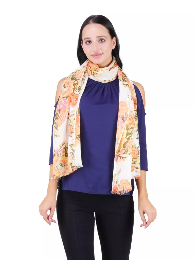 Anekaant Orange & Multicolour Viscose Rayon Printed Floral Frayed Scarf