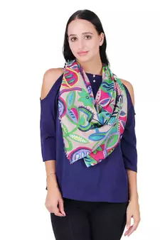 Anekaant Beige & Multicolour Viscose Rayon Printed Floral Solid Frayed Scarf