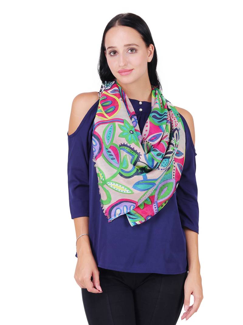 Anekaant Beige & Multicolour Viscose Rayon Printed Floral Solid Frayed Scarf