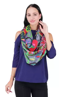 Anekaant Grey & Multicolour Viscose Rayon Printed Floral Solid Frayed Scarf