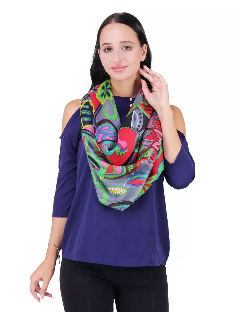 Anekaant Grey & Multicolour Viscose Rayon Printed Floral Solid Frayed Scarf