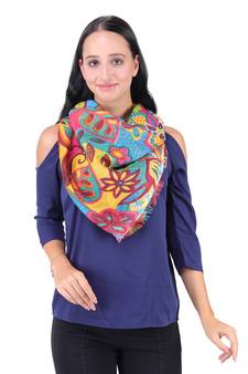 Anekaant Blue & Multicolour Viscose Rayon Printed Floral Solid Frayed Scarf