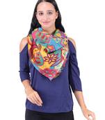 Anekaant Blue & Multicolour Viscose Rayon Printed Floral Solid Frayed Scarf