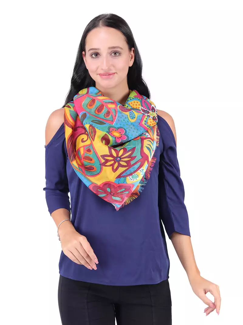 Anekaant Blue & Multicolour Viscose Rayon Printed Floral Solid Frayed Scarf