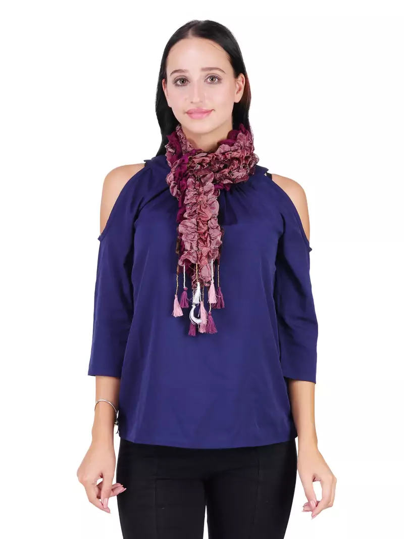 Anekaan Violet 100% Silk Woven Design Lycra Ombrey Tasselled Fringed Scarf