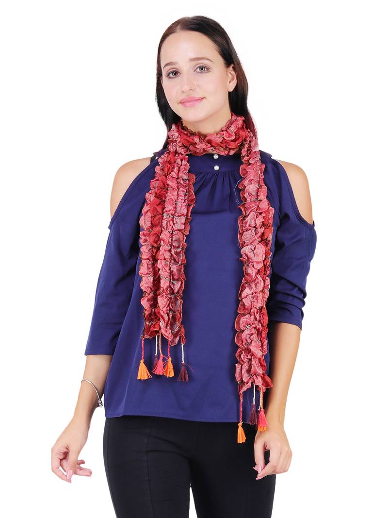 Anekaant Wine 100% Silk Woven Design Lycra Ombrey Tasselled Fringed Scarf