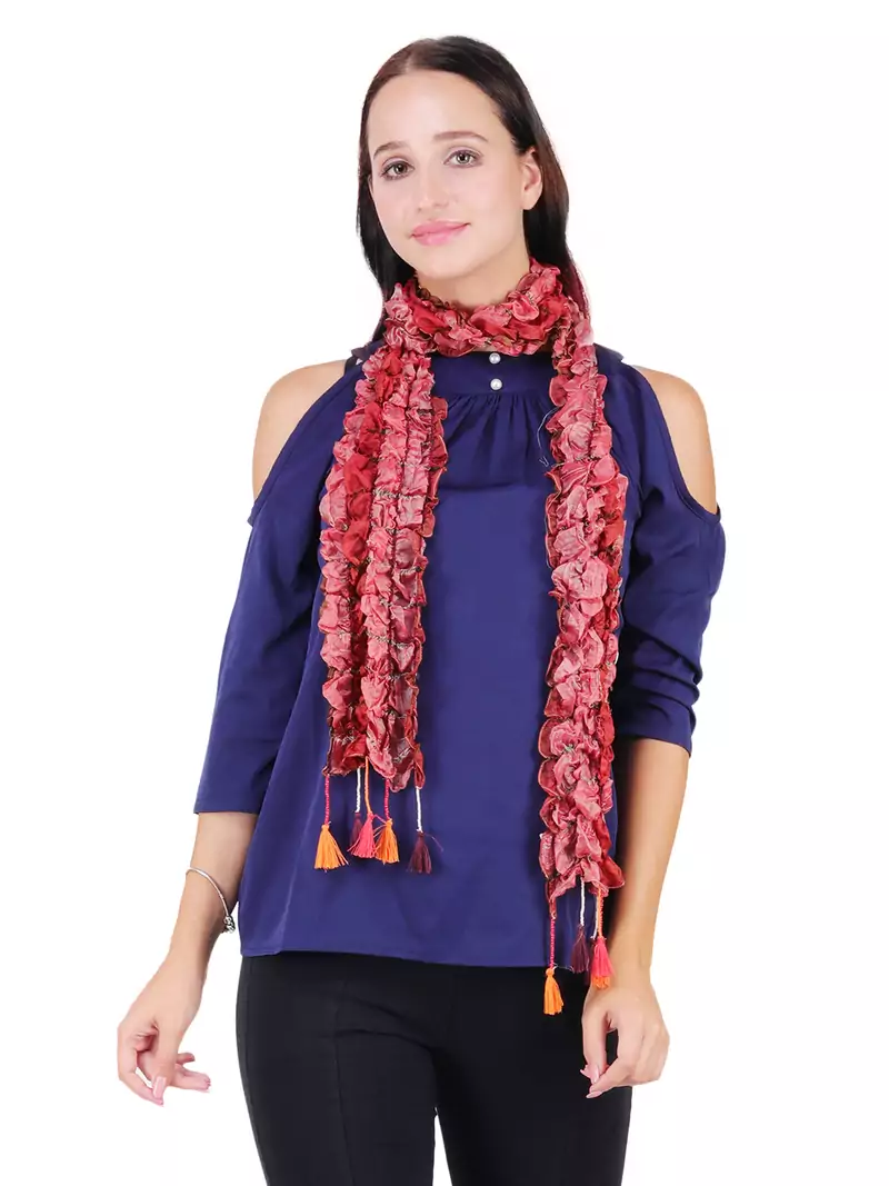 Anekaant Wine 100% Silk Woven Design Lycra Ombrey Tasselled Fringed Scarf