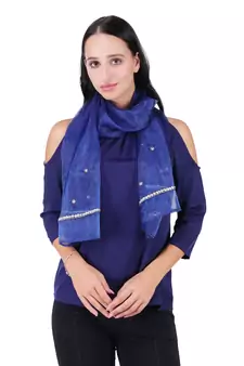 Anekaant Dark Blue Synthetic Polyester Organza (Poly Silk) Solid Embroidered Sequined Stole