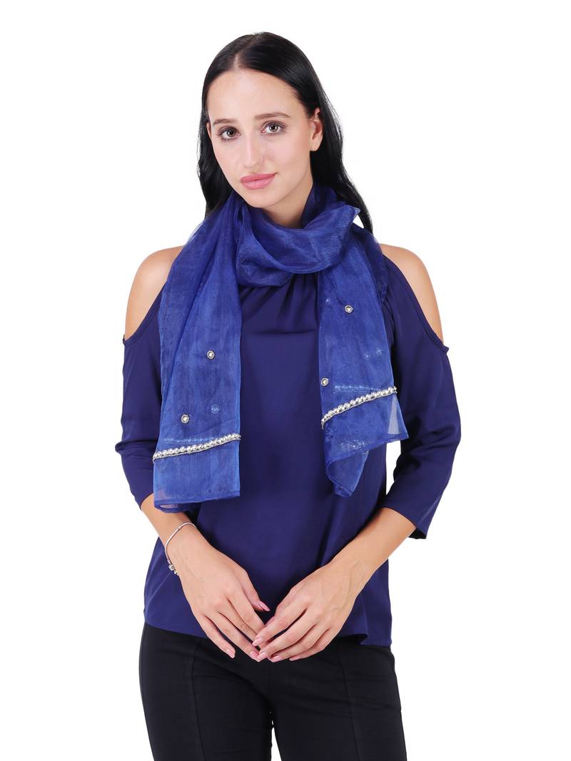Anekaant Dark Blue Synthetic Polyester Organza (Poly Silk) Solid Embroidered Sequined Stole