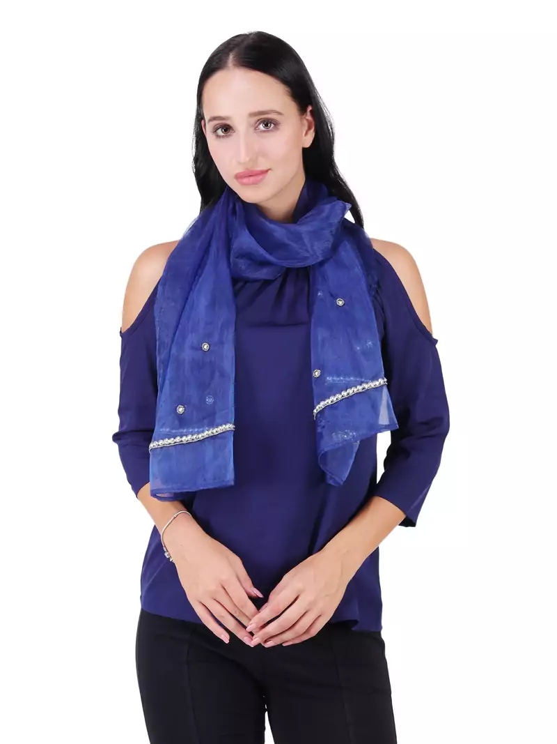 Anekaant Dark Blue Synthetic Polyester Organza (Poly Silk) Solid Embroidered Sequined Stole